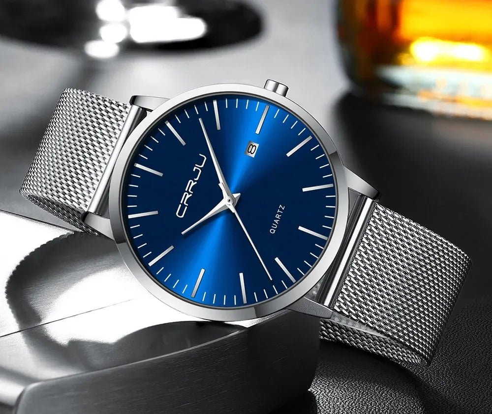 Ultra Slim Stainless Steel Watch - 40mm Mesh Strap Men's Automatic Wristwatch