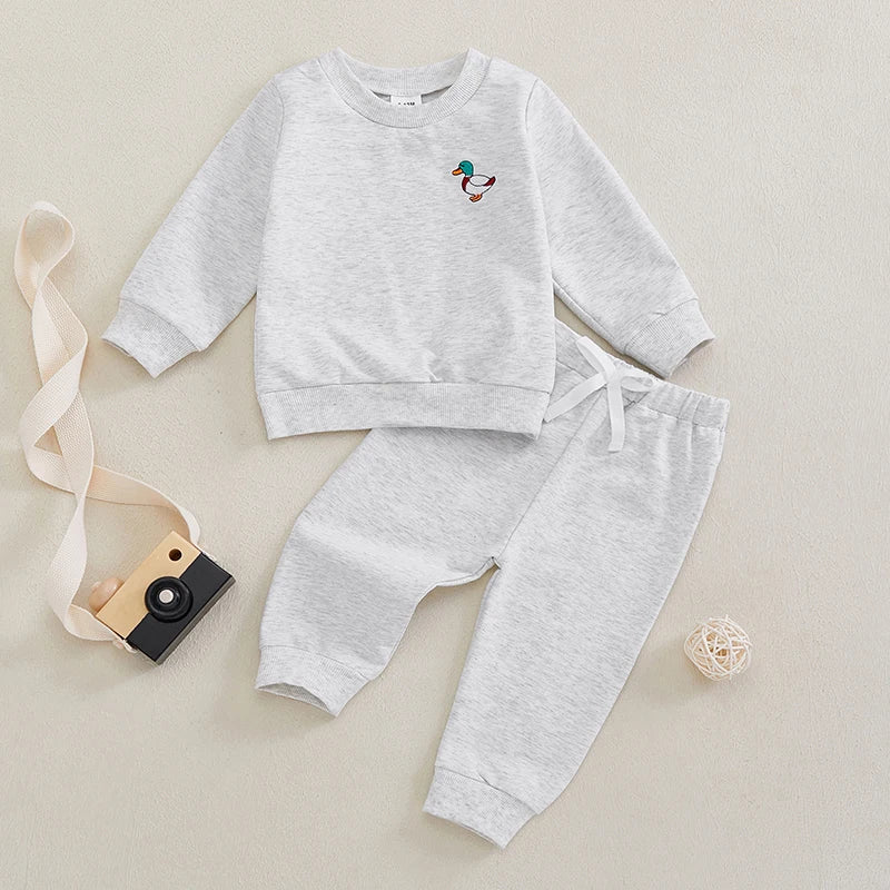 0-4Y Infant Baby Boys Fall Clothes Sets 2pcs Duck Embroidery Long Sleeve Crew Neck Tops with Elastic Waist Pants