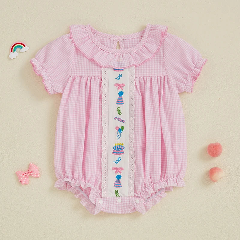Baby Girls Birthday Romper with Cake Embroidery - Plaid Doll Collar Jumpsuit (0-24M)