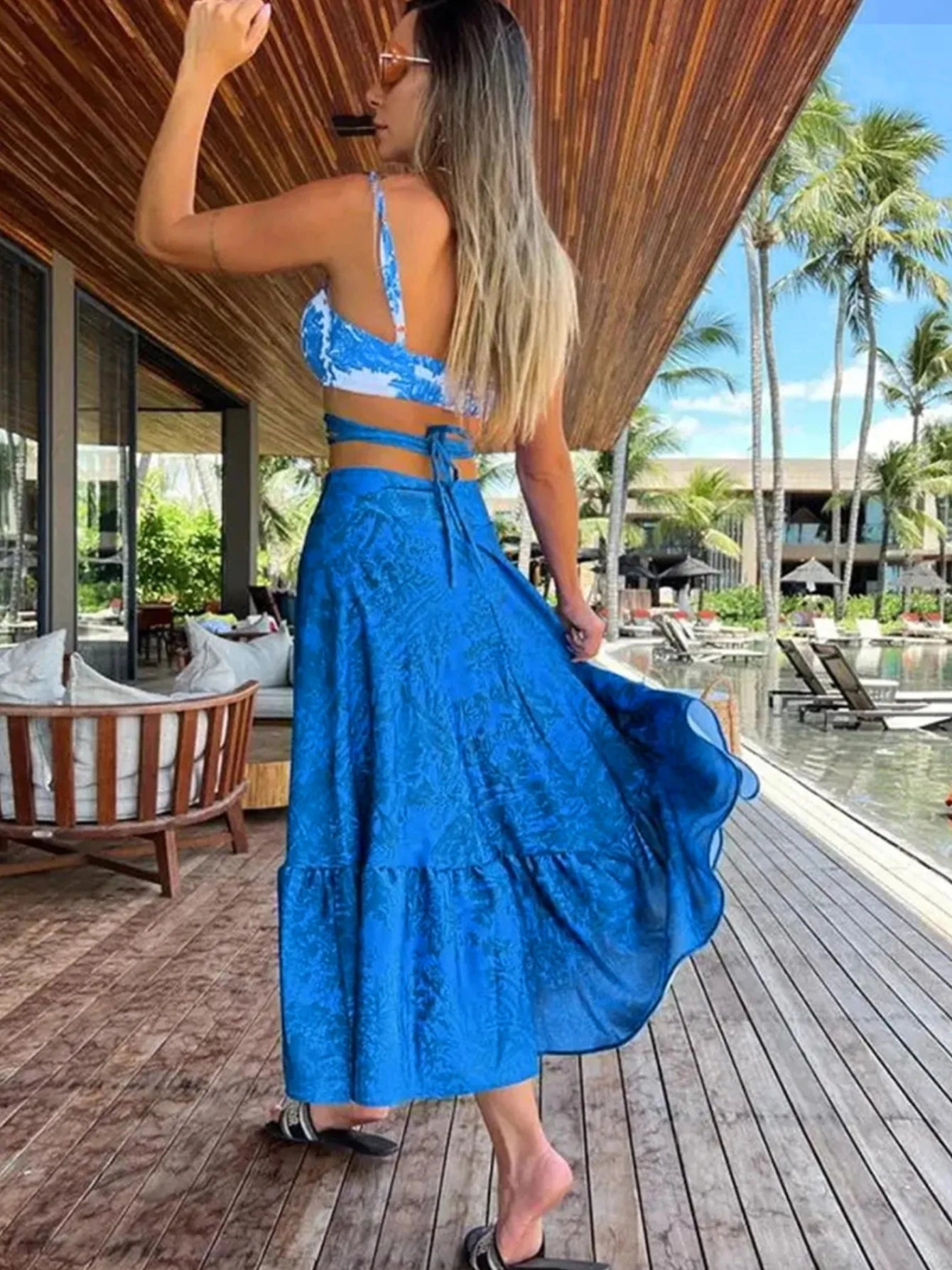 Women's Printed Strapless Bra Top & A-Line Maxi Skirt Three-Piece Beach Set