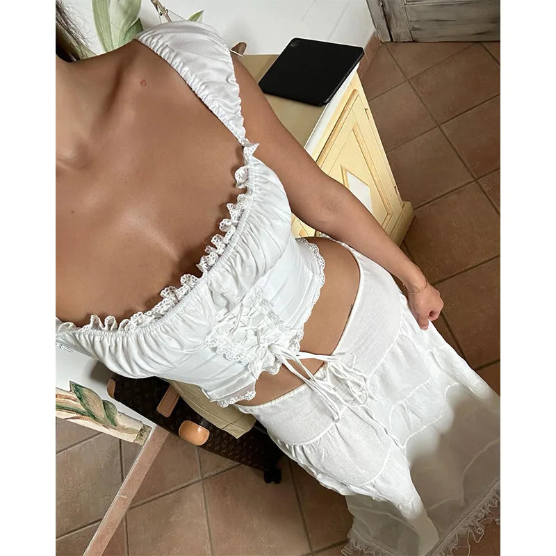 Women's Lace Floral Two Piece Set Summer Elegant Outfits Square Neck Lace Up Tie Front Top Skirt Set