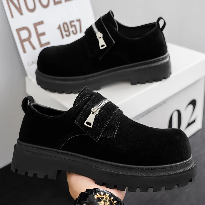 Men's Suede Leather Platform Work Shoes - Zipper Business Sneakers