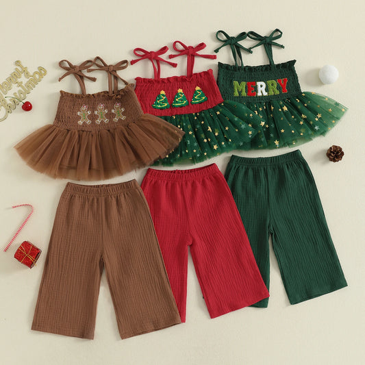 Christmas Gingerbread Girls Outfit Set - Embroidered Camisole & Elastic Waist Pants