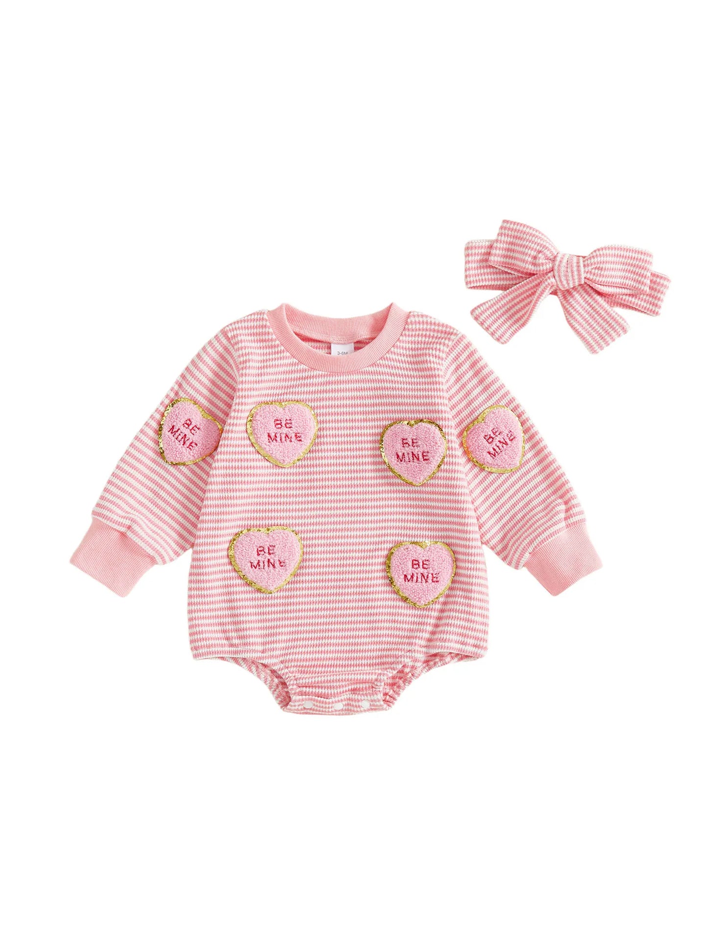 Baby Valentine's Day Romper Set - Striped Heart Embroidery with Headband