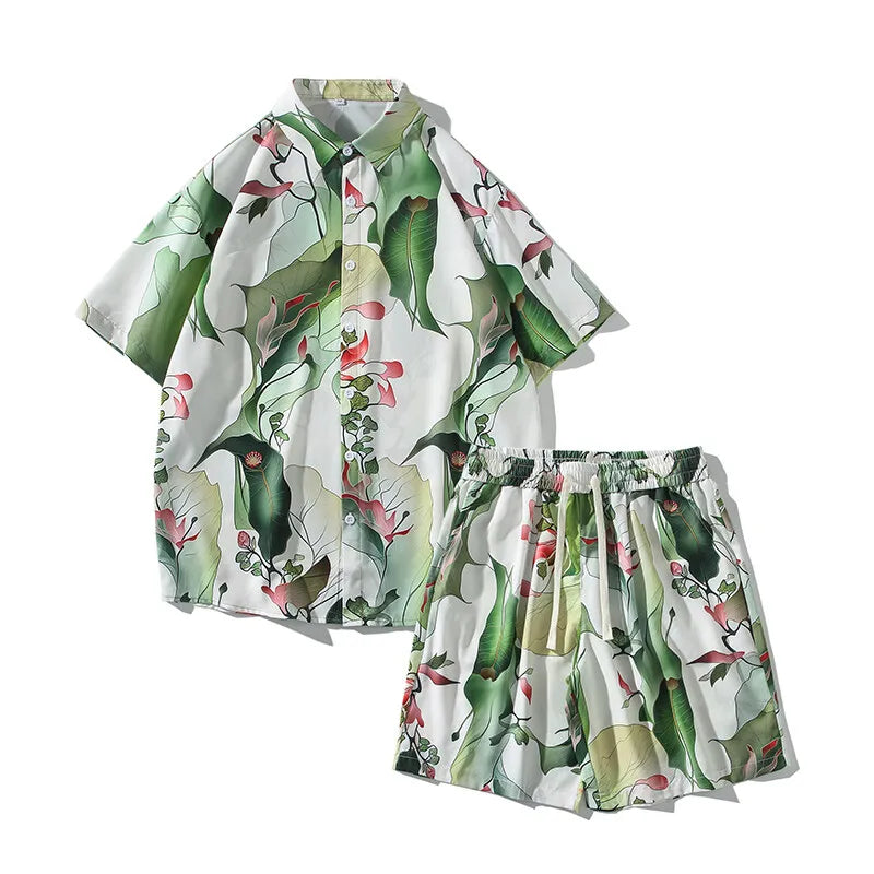 Men's Summer Print Set Turn Down Collar Short Shirts Shorts Hawaiian Beach Set  2-Piece Set