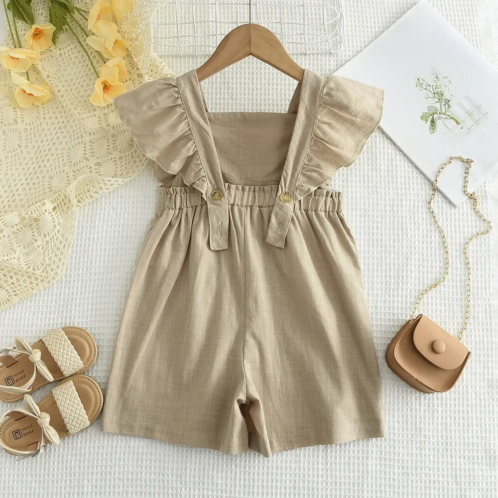 Girl's Summer Cotton  One-Pieces Adjustable Flying Sleeves Shorts Jumpsuits