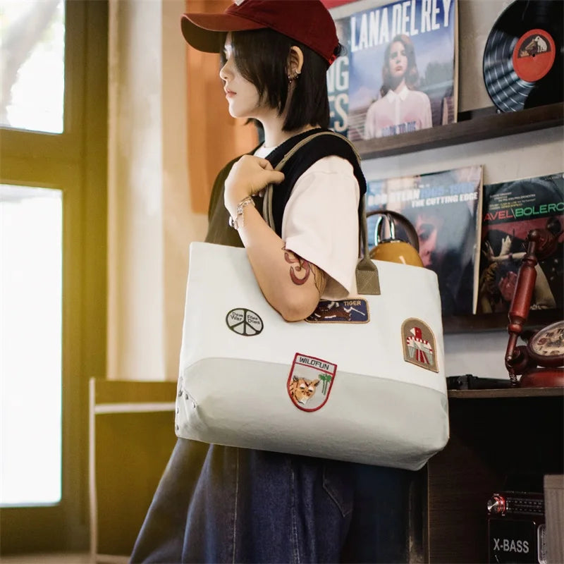 Unisex Style Vintage Embroidered Large-capacity Patchwork Handbag Versatile Single-shoulder Versatile Tote Bag