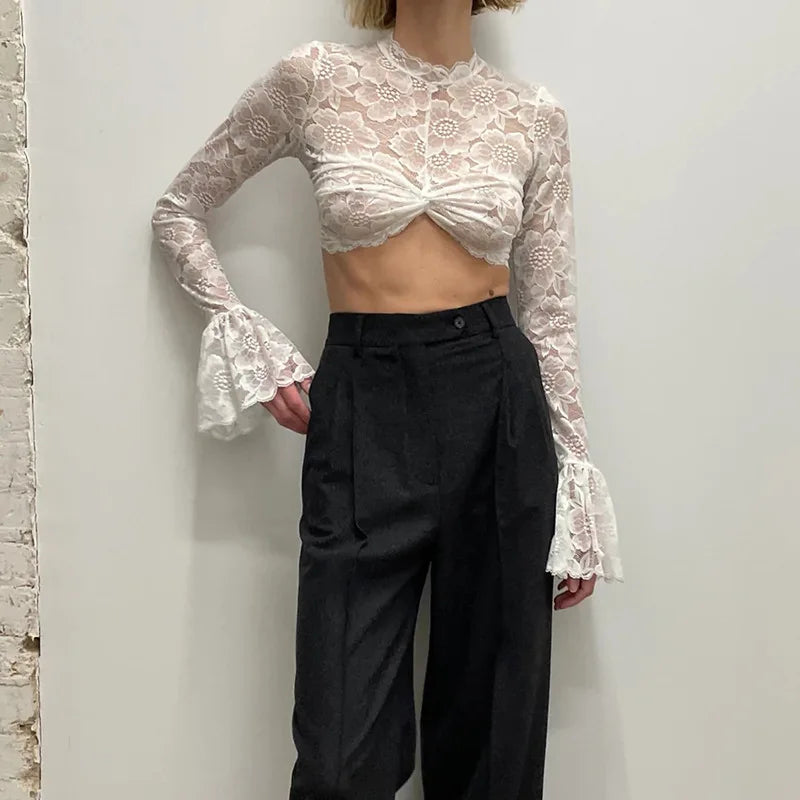 Women's Lace Sheer Flare Sleeve Cropped Top