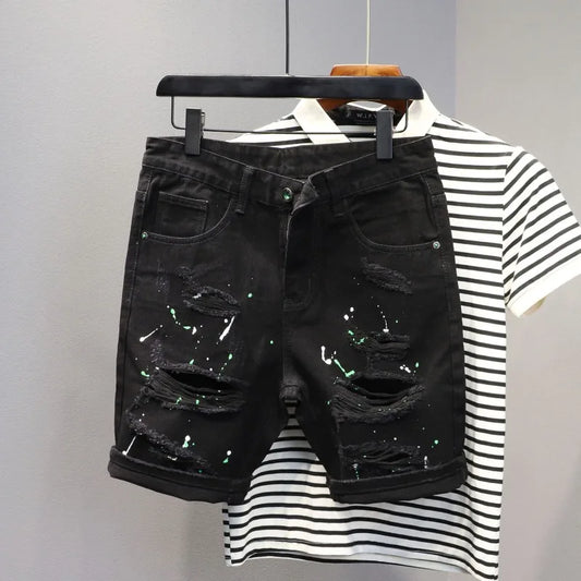 Men's Ripped Denim Shorts - Slim Fit Black