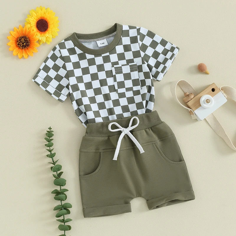 2pcs Toddler Baby Boys Clothes Set 0-3Y Short Sleeve Plaid Print Pocket T-shirt with Shorts Summer Outfit