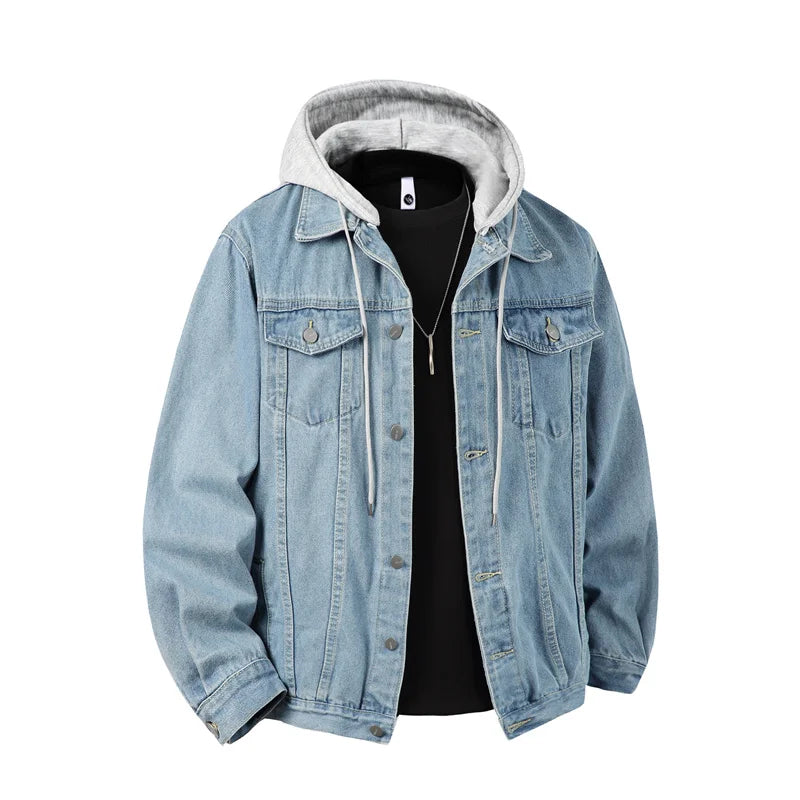 Men's Hooded Denim Jacket - Casual Streetwear Outerwear with Detachable Hood