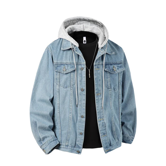 Men's Hooded Denim Jacket - Casual Streetwear Outerwear with Detachable Hood