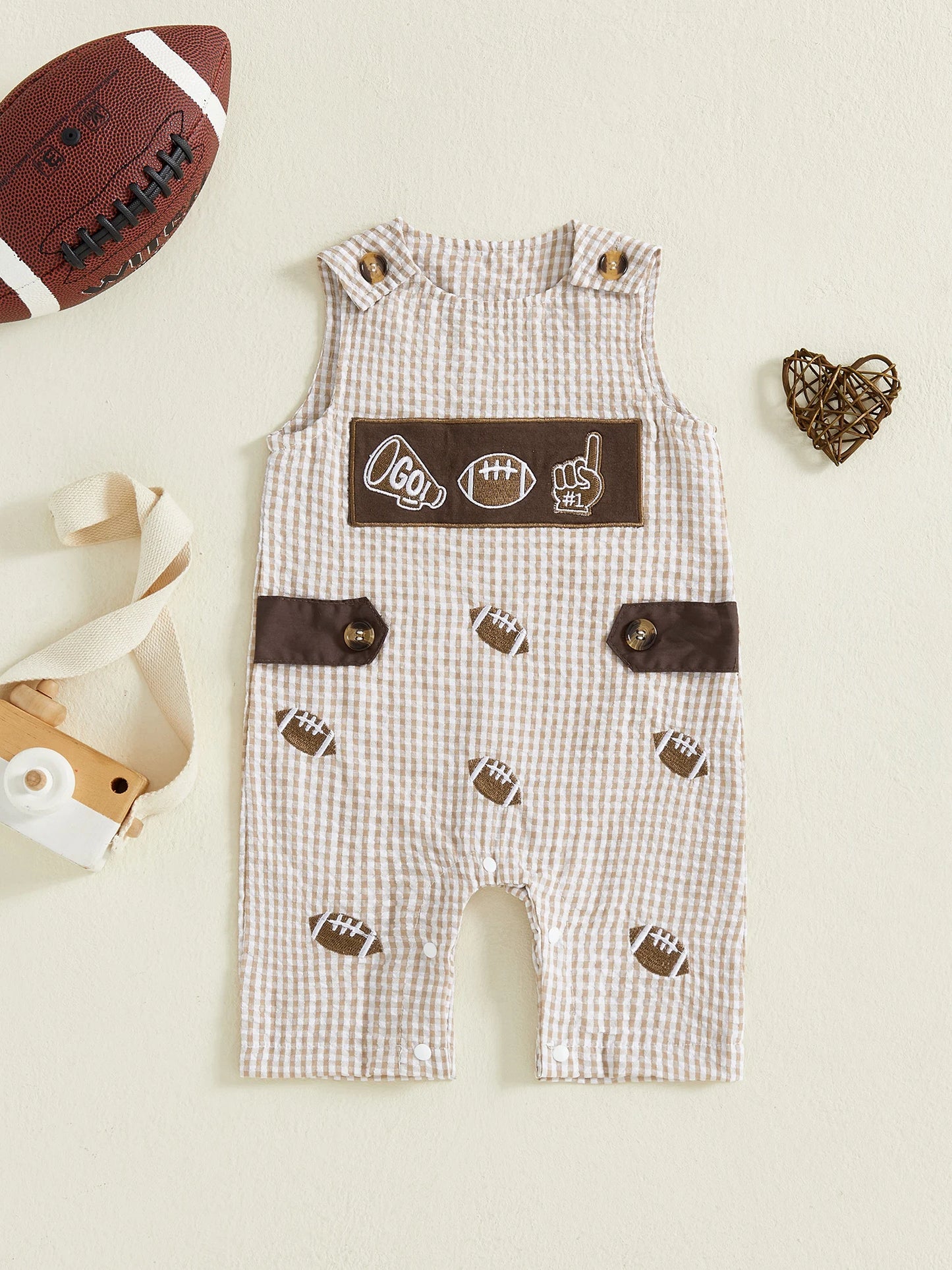 Baby Plaid Romper Overalls - Sleeveless Football Embroidery Jumpsuit (0-18M)