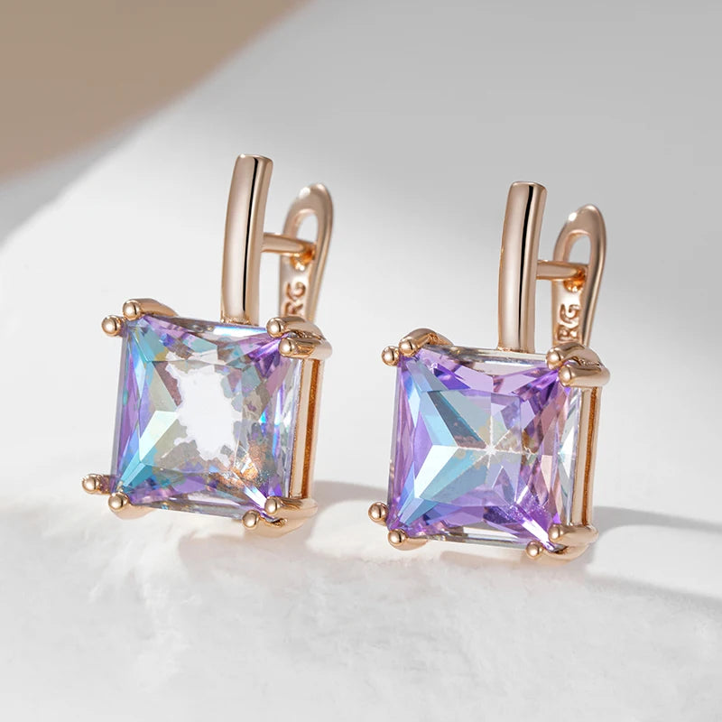 Square Purple Natural Zircon English Earrings for Women 585 Rose Gold