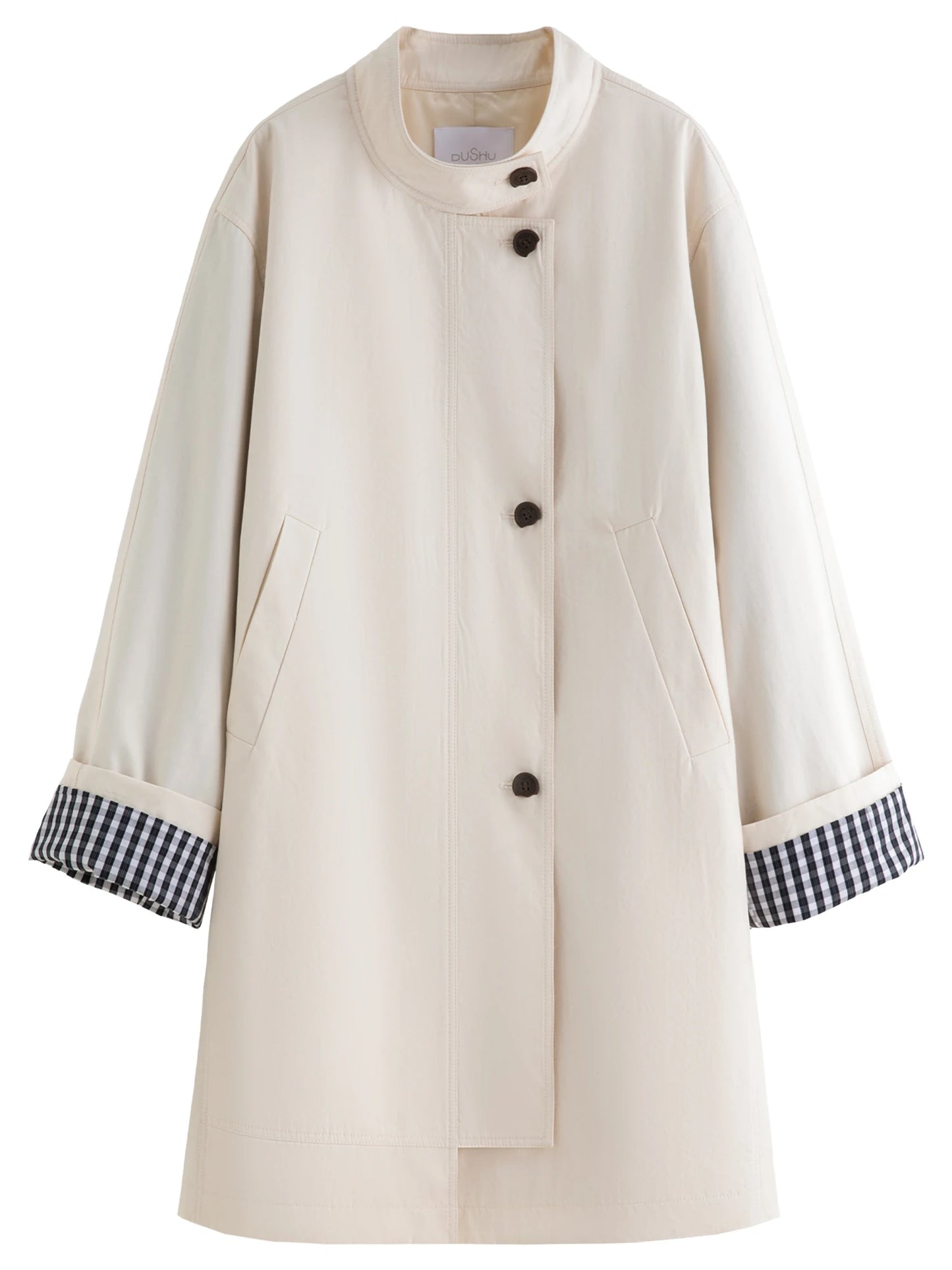 Stand Collar Trench Coat - Plaid Patchwork Relaxed Fit Windbreaker