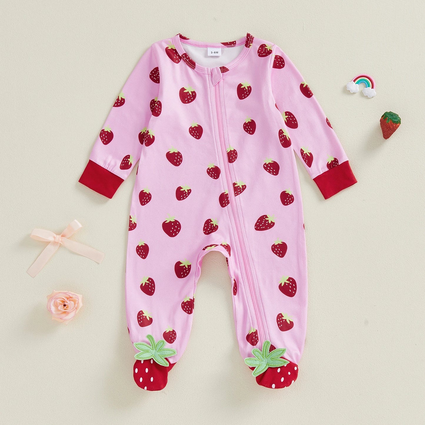 Baby Girls Boys Strawberry Print Romper - Long Sleeve Footed Jumpsuit 0-18M