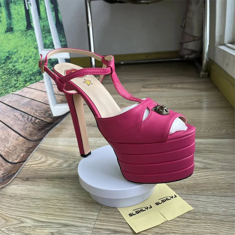 Women's Leather Platform Sandals - Wedge Heel Rivet T-Strap Sandals