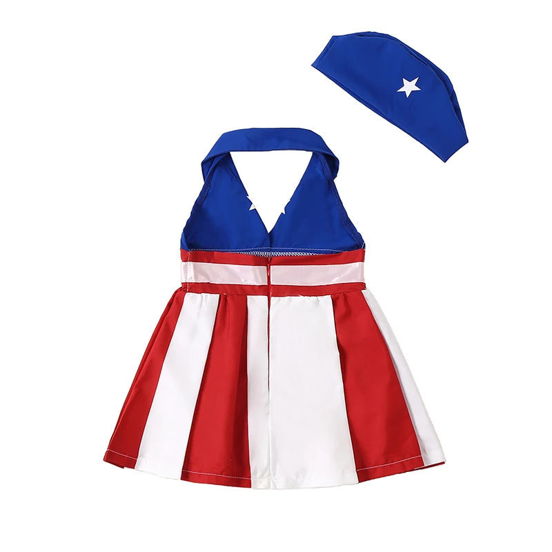 1-5Y Girls American Flag Sleeveless Halter Neck Striped Star Patchwork A-Line Dress  with Hat