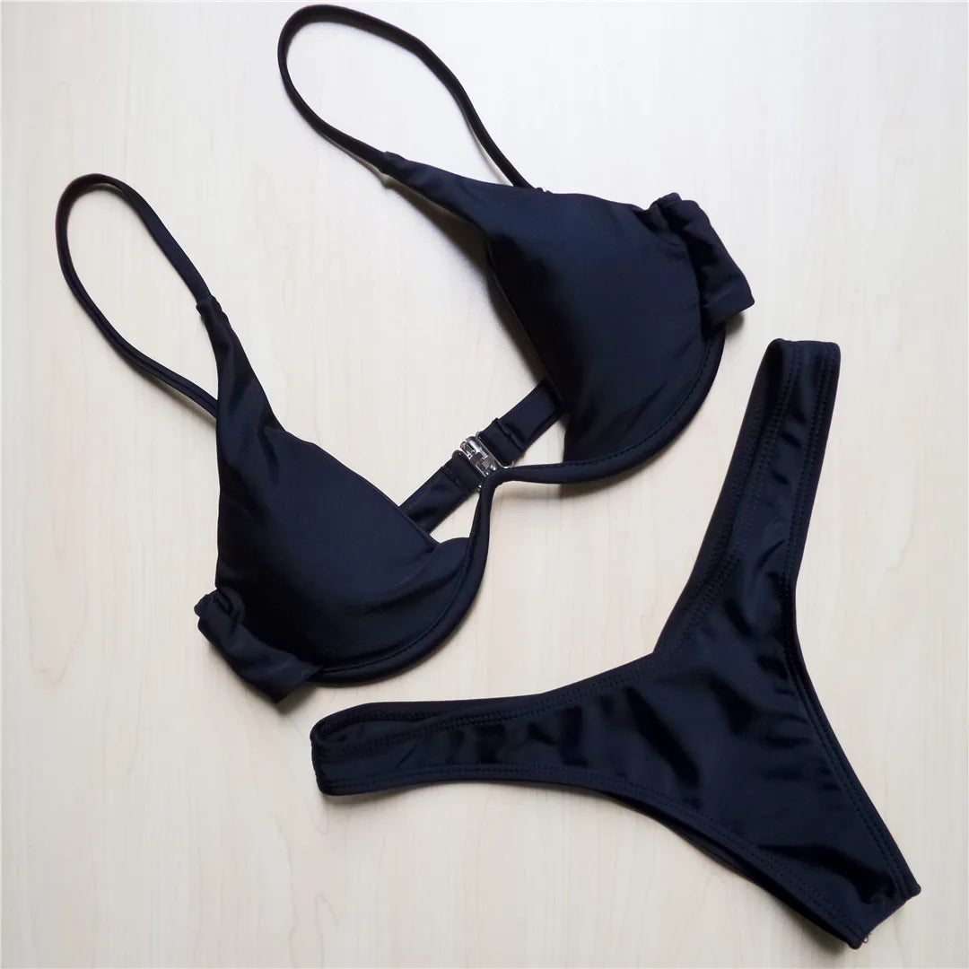 Women's V-Bar Underwired Bikini Set | V-Shape Wire Padded Two-Piece Swimwear