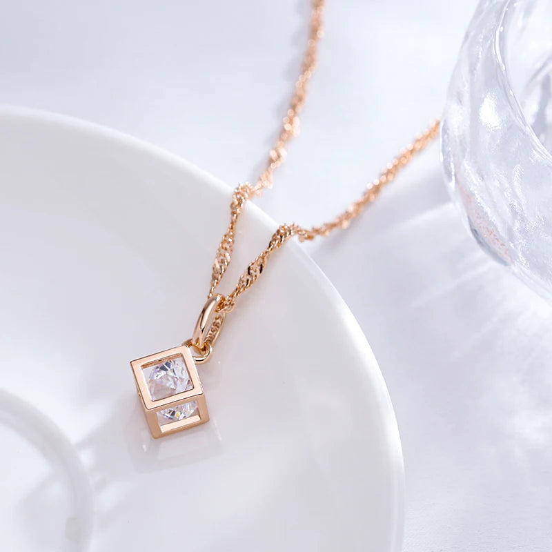 Women's 585 Rose Gold Colour Natural Zircon Hollow Square Pendant Necklace