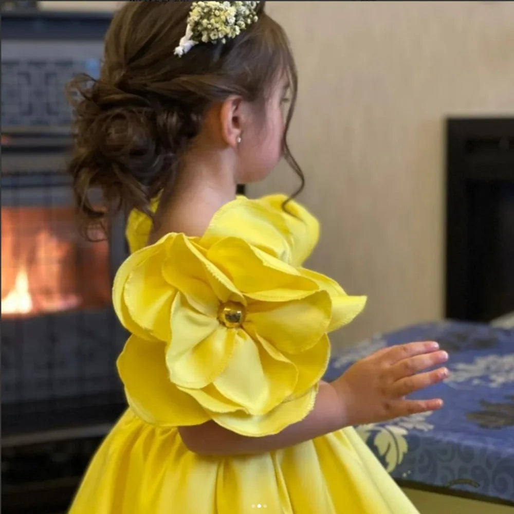 Girls Yellow Floral Princess Ball Gown – Summer Party Dress