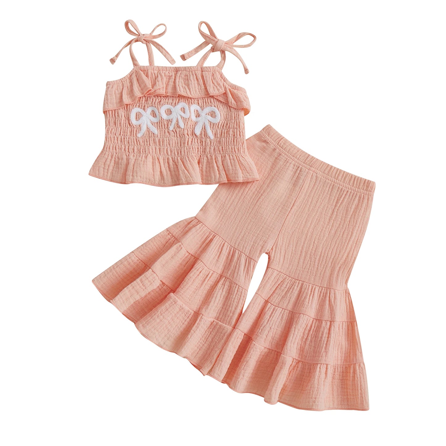 0-6Y Kids Girls Summer Clothes Set Bow Embroidery Tie-Strap Tank Top with Solid Color Flare Pants