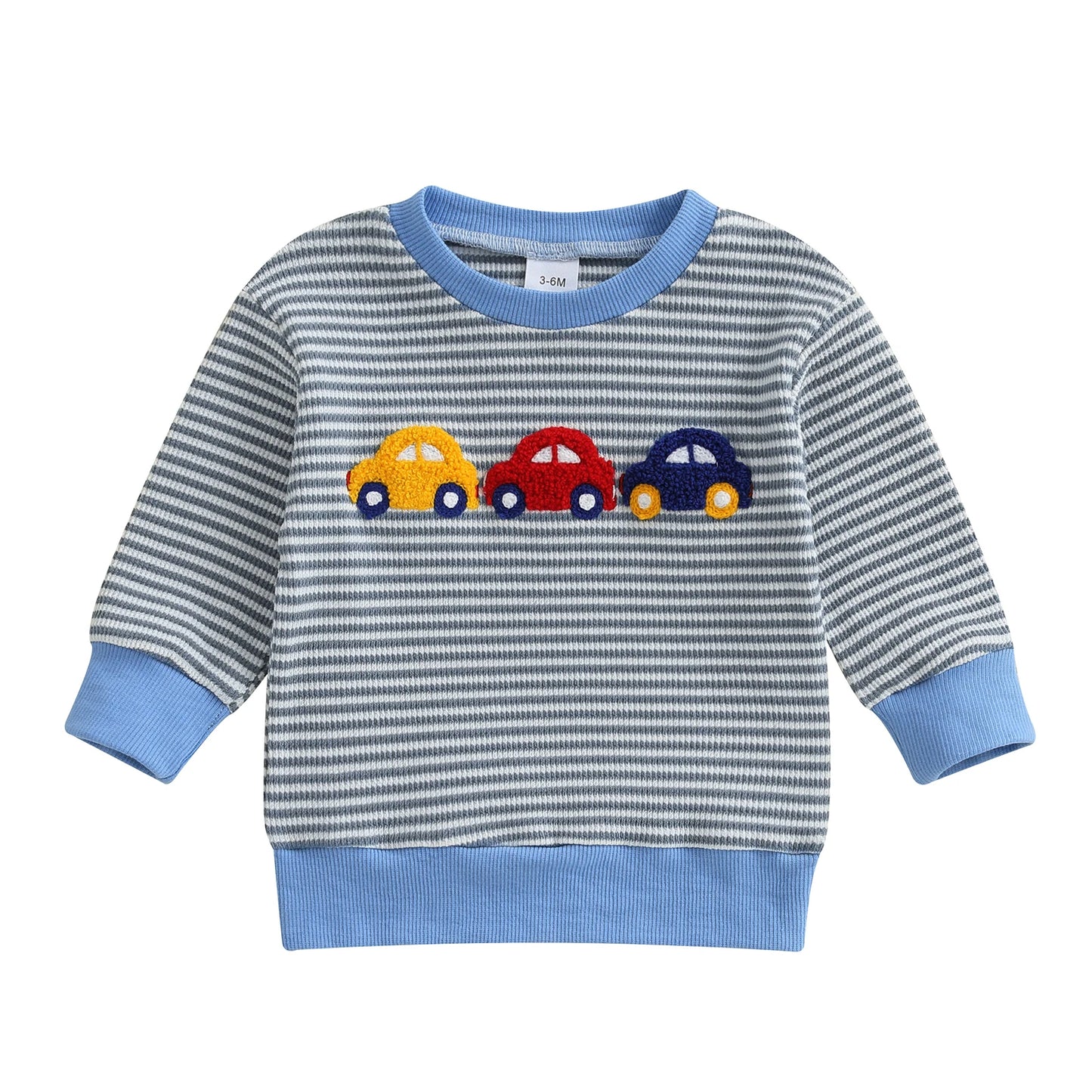 Baby Boys Car/Dinosaur Embroidered Striped Print Pullover Waffle Knit Top