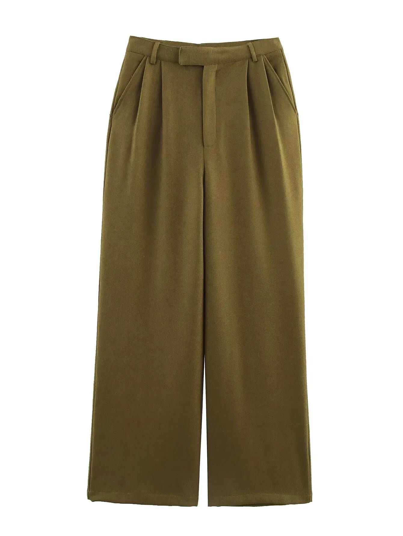 Olive Green Pleated Pants - Mid-Rise Waist Pocket Loose Casual Trousers