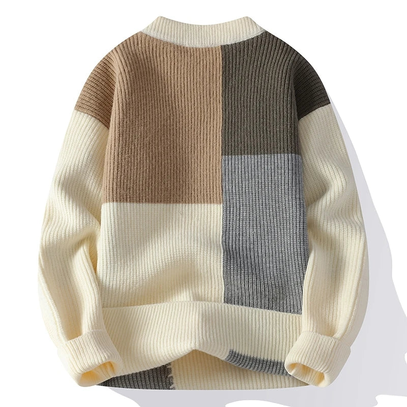 Men's Patchwork Round Neck Knit Pullovers Loose Casual Knitted Sweater