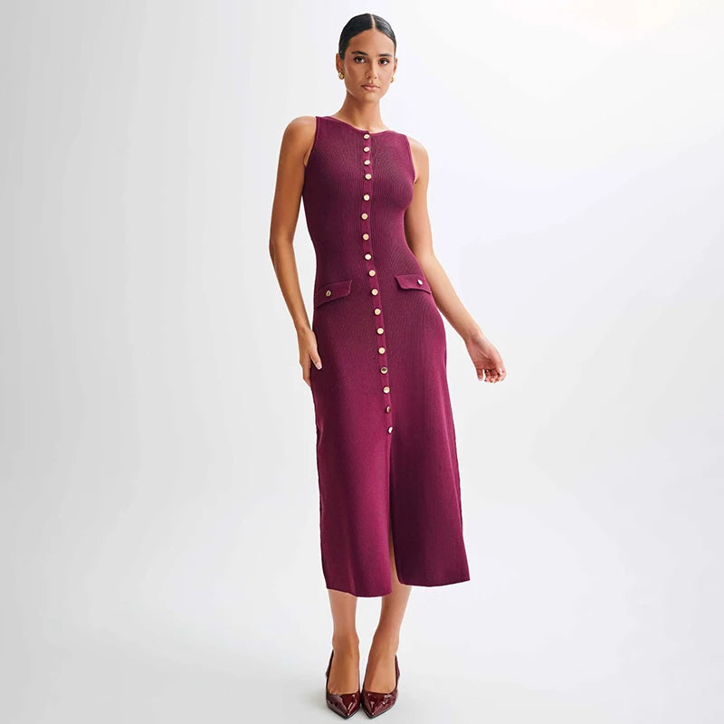 Women's Elegant Sleeveless Single-Breasted Ribbed Knitwear Long Dress - High Waist Bodycon Knitted Fake Pocket Dress