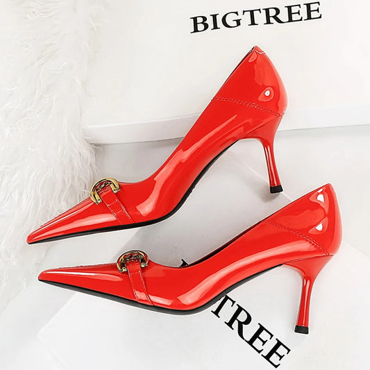 Women's Metal Buckle Patent Leather High Heel Shoes