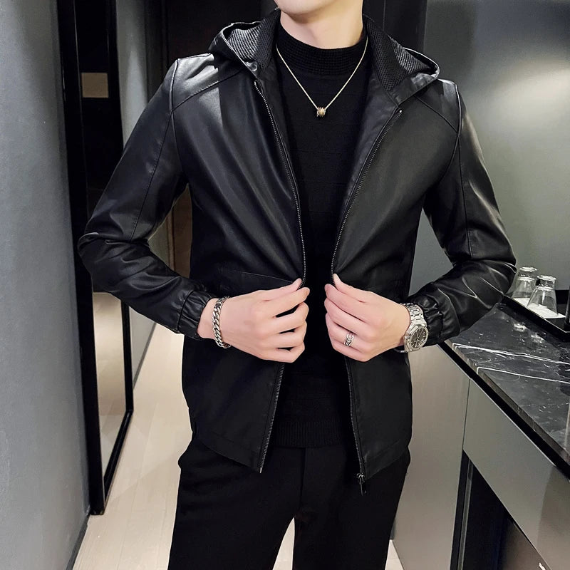 Hooded Leather Moto Jacket - Slim Fit Biker Style