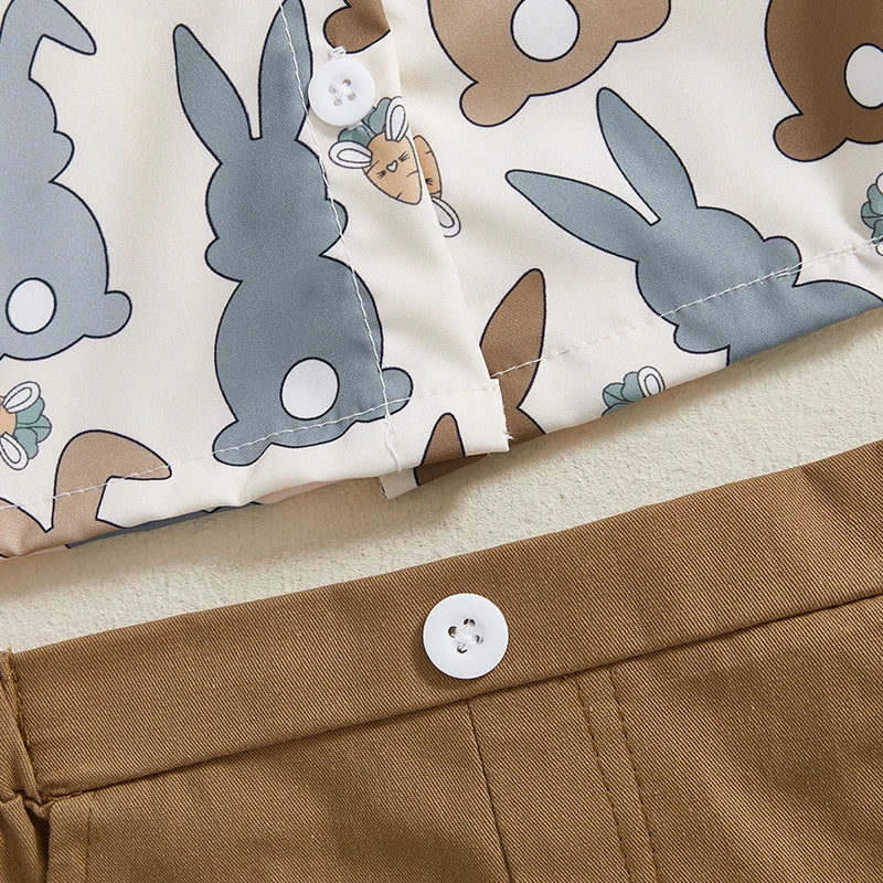 0-4Y Kids Boys Easter Gentleman Clothes Set Bunny Print Short Sleeve Button-up Bow Tie Shirt Elastic Shorts