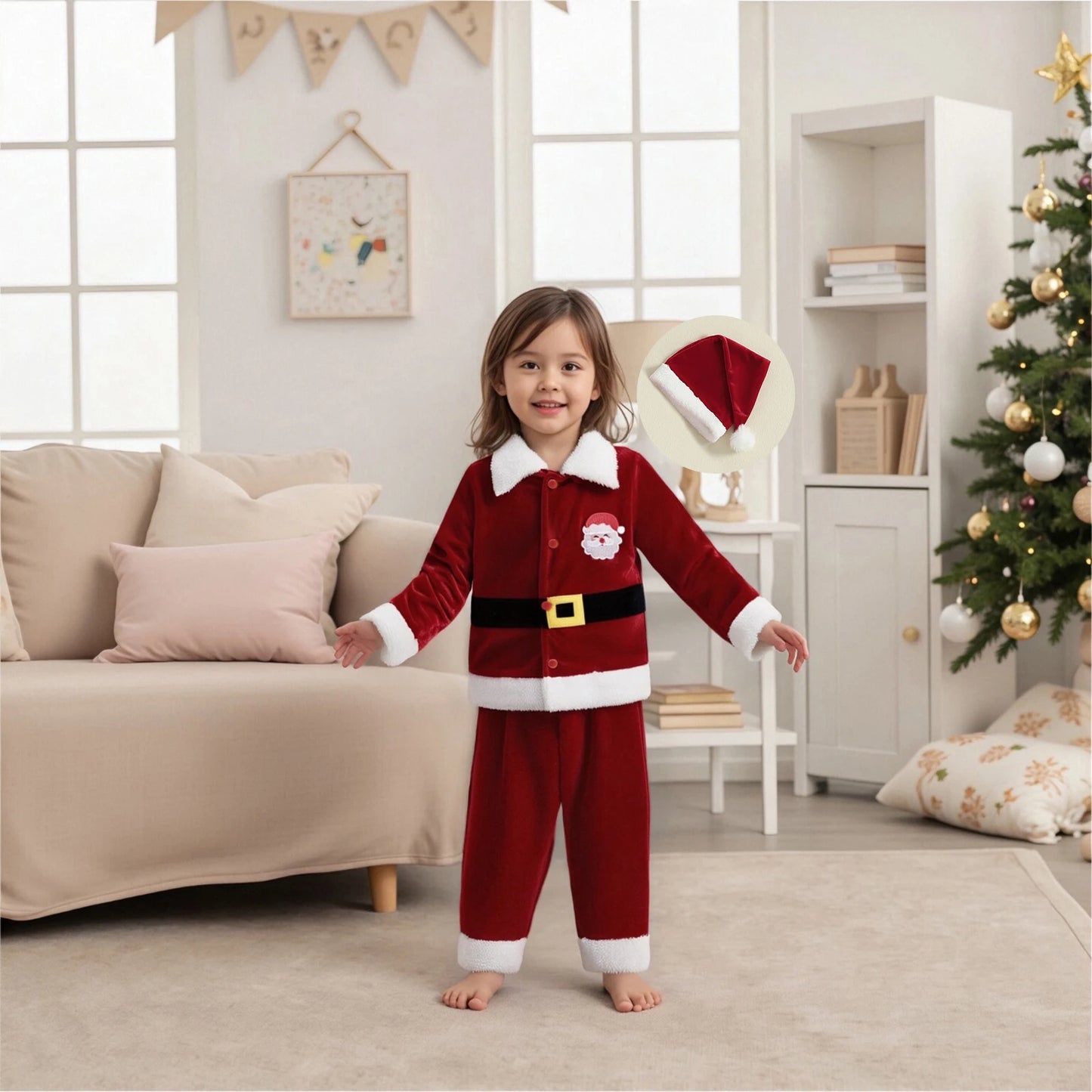 Christmas Santa Costume Set - Kids Lapel Button Down Top & Pants Outfit