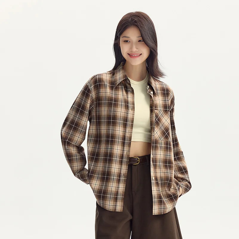 Oversized Drop Shoulder Plaid Shirt Loose Retro Casual Stylish Top