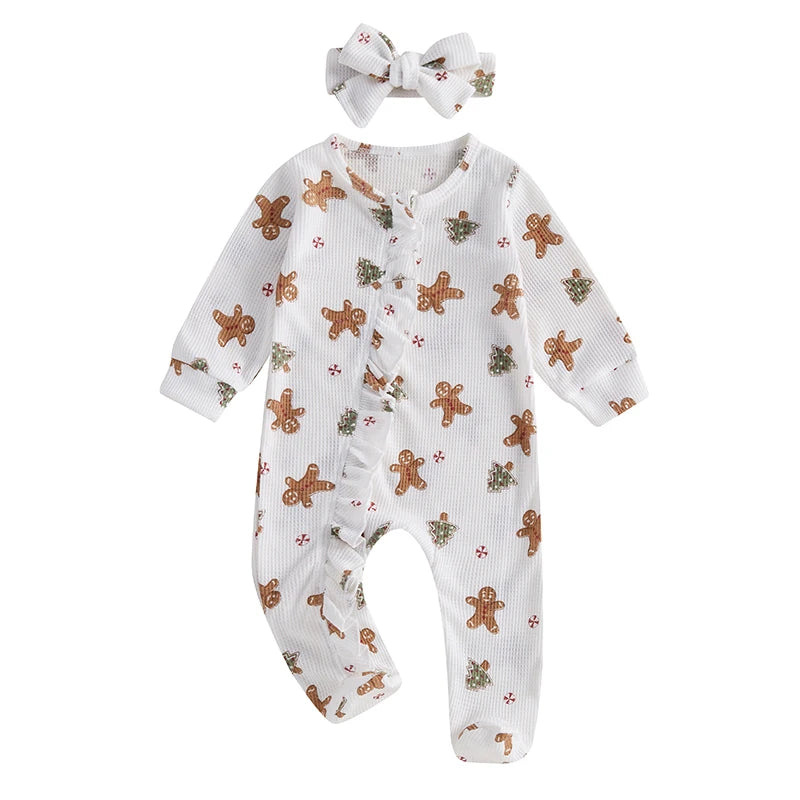 Baby Girls Boys Christmas Footies Jumpsuit Long Sleeve Gingerbread Print Ruffle Romper with Headband