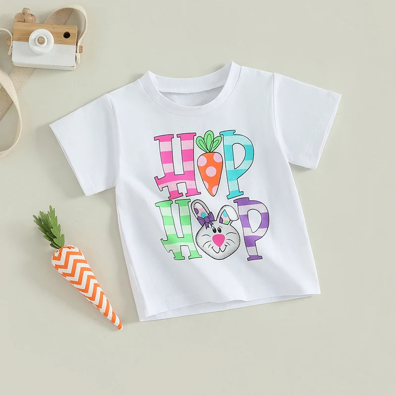 0-6Y Summer Kids Boys Girls Easter T Shirt Rabbit Letter Print Short Sleeve Pullover Top
