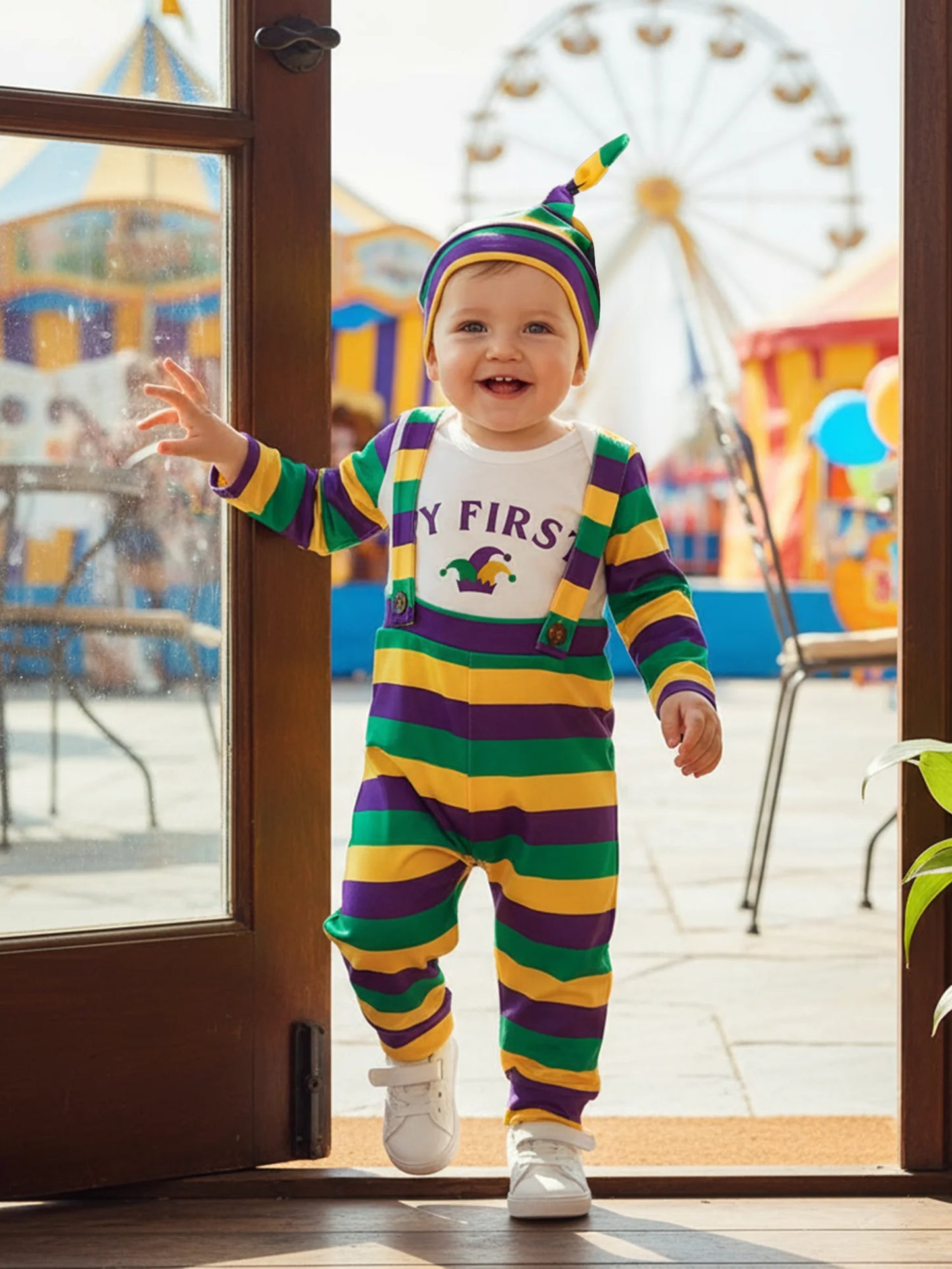 Newborn Baby Boys Outfit Set - Letter Print Striped Romper with Suspender Pants & Cap 0-12M