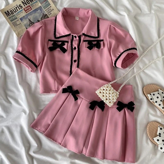 0-4Y Little Kids Girls Summer Clothes Sets Short Sleeve Single Breasted Bow T-Shirt and Pleated Skirt Set