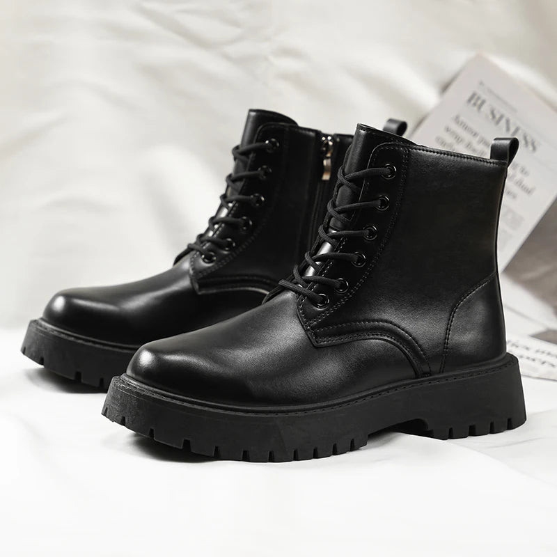 Men's Leather Platform Boots - Thick Sole Motorcycle Sneaker Boots