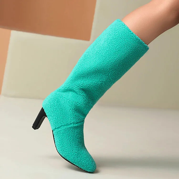 Faux Fur Lined Knee High Boots - 7cm Square Heel Winter Boots