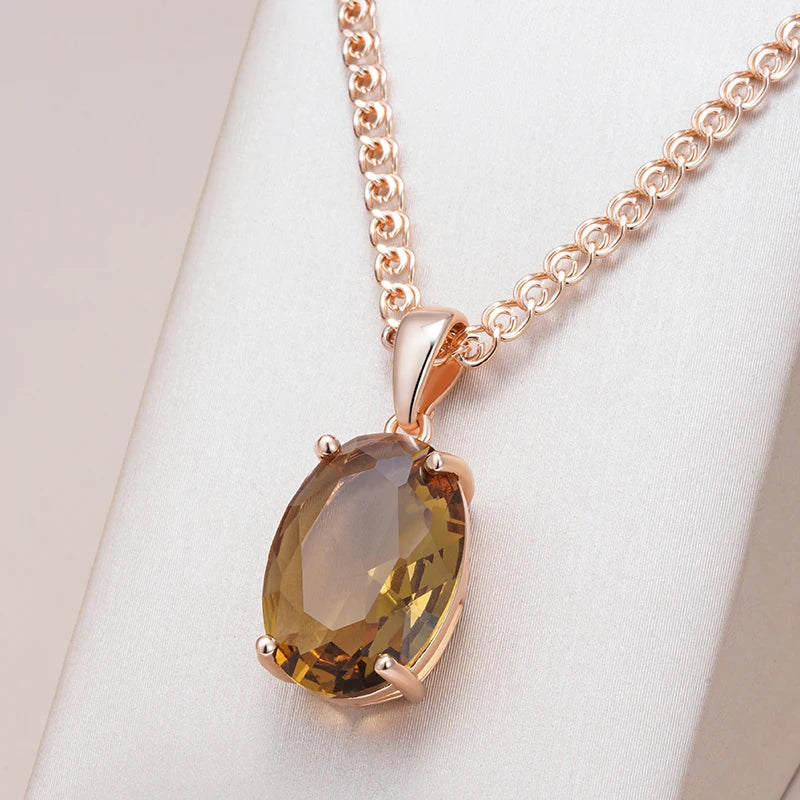 Women's Oval Brown Crystal Pendant Necklace 585 Rose Gold Colour With Natural Zircon
