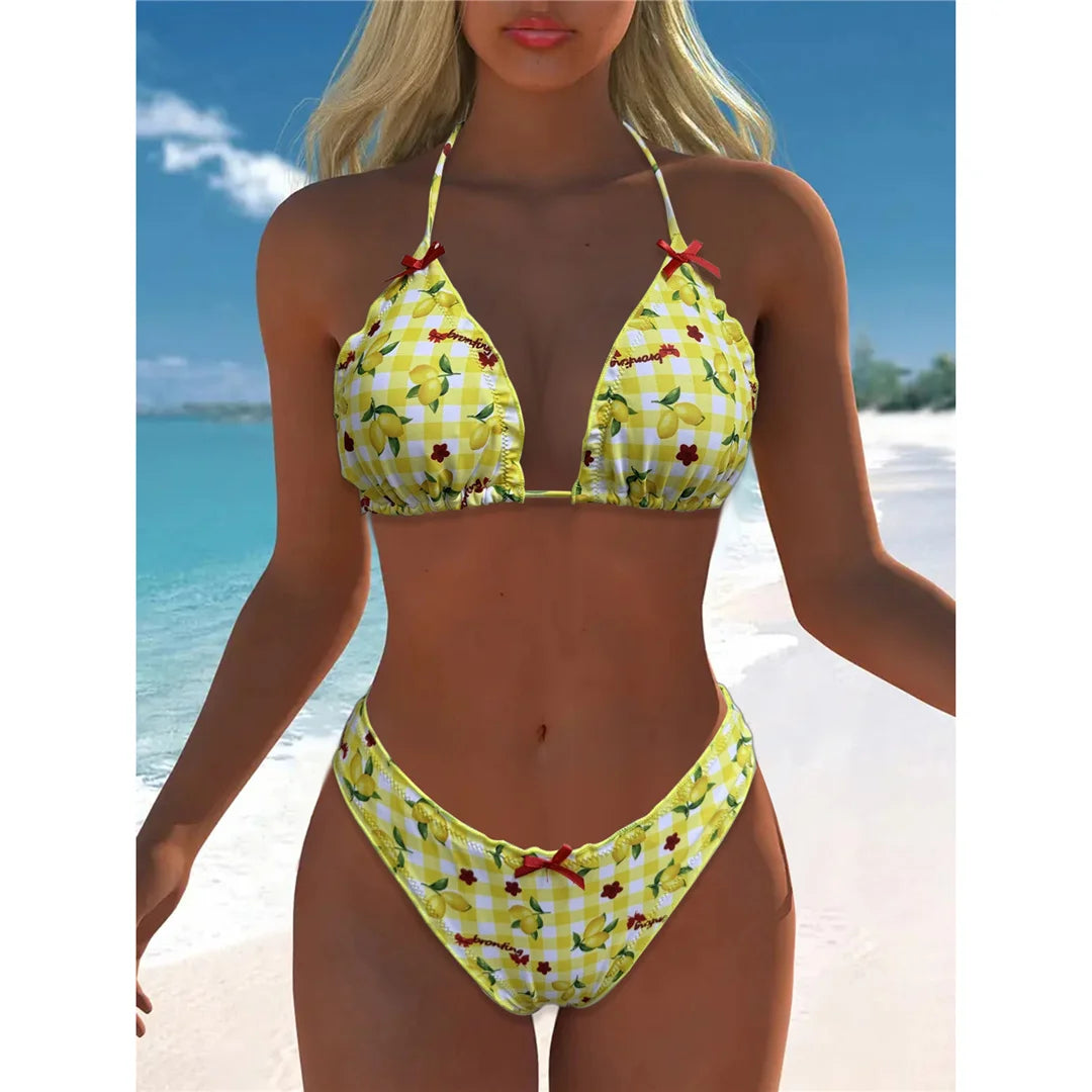 Lemon Print Halter Bikini Set
