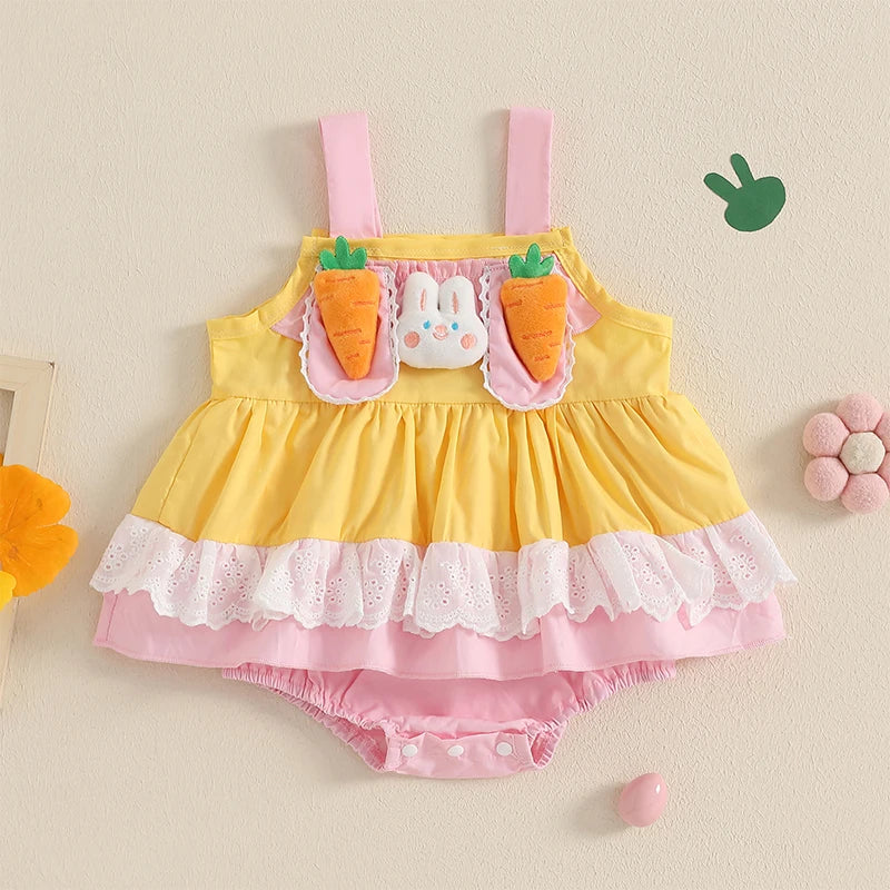 0-18M Lovely Baby Girls Boys Easter Romper Dress Sleeveless Rabbit Carrot Contrast Colour Patchwork Jumpsuits