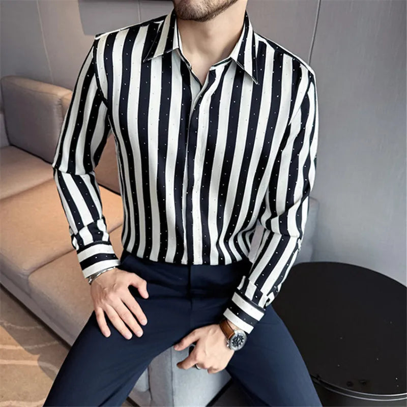 Men's Striped Square Collar Long Sleeve Shirt