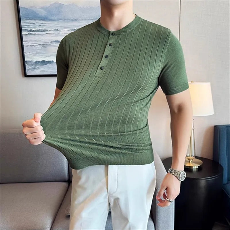Men's Summer knitted Polo Short Sleeve Smart Casual Henry Collar Slim Fit Knit Shirt