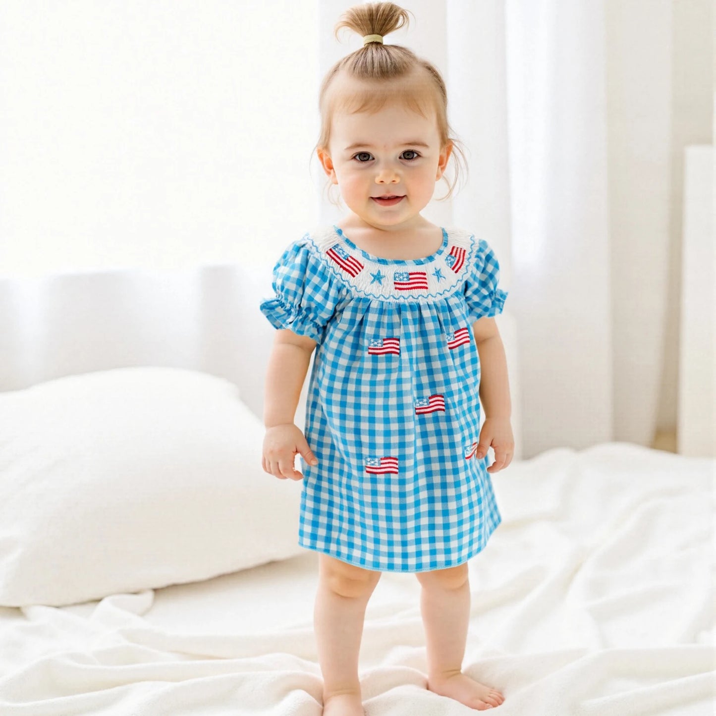 0-4Y  Kids Girl’s  Short Sleeve Embroidery Crew Neck Plaid Flags Print A-Line Dress