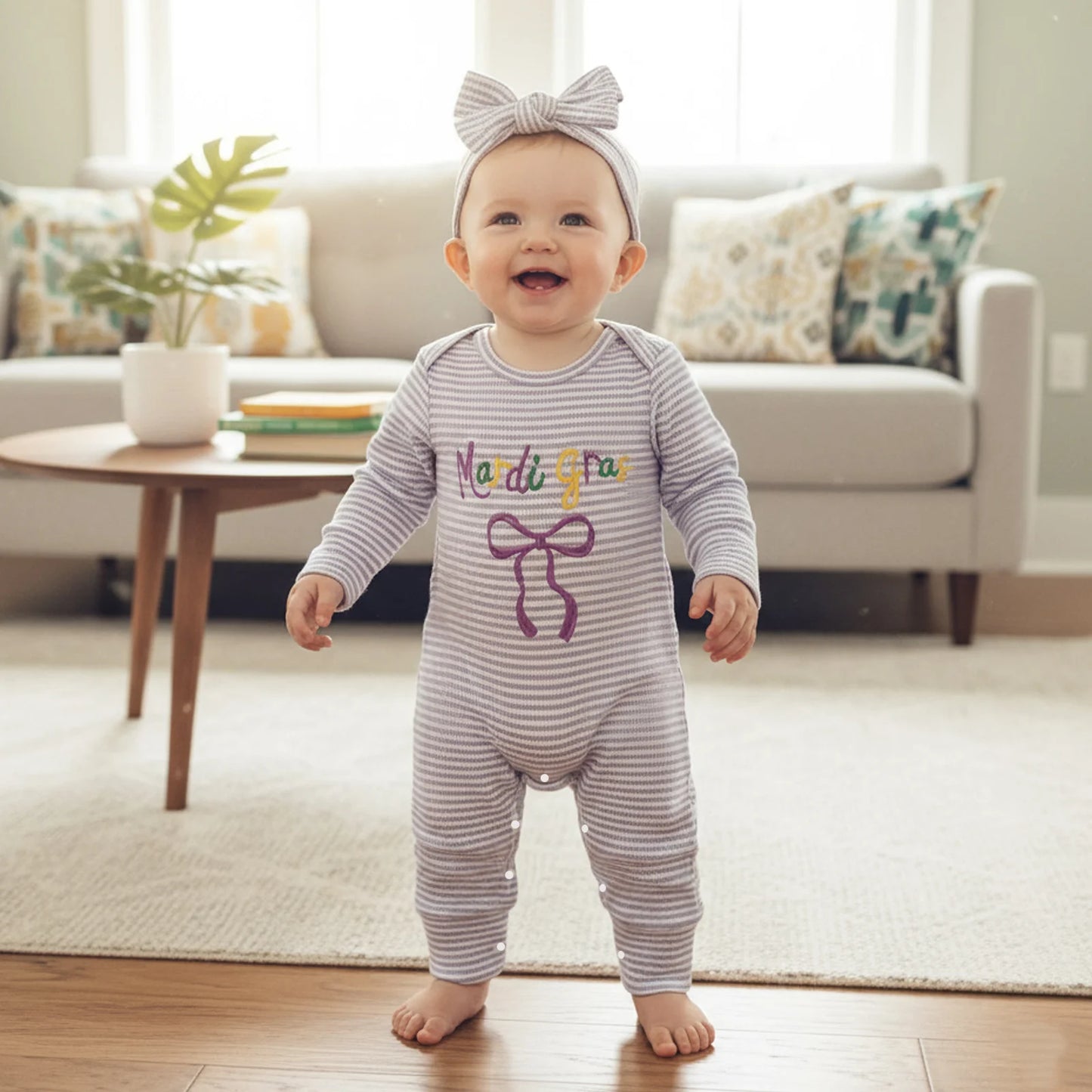 Newborn Baby Romper with Headband - Bow Letter Embroidery Stripe Long Sleeve Jumpsuit