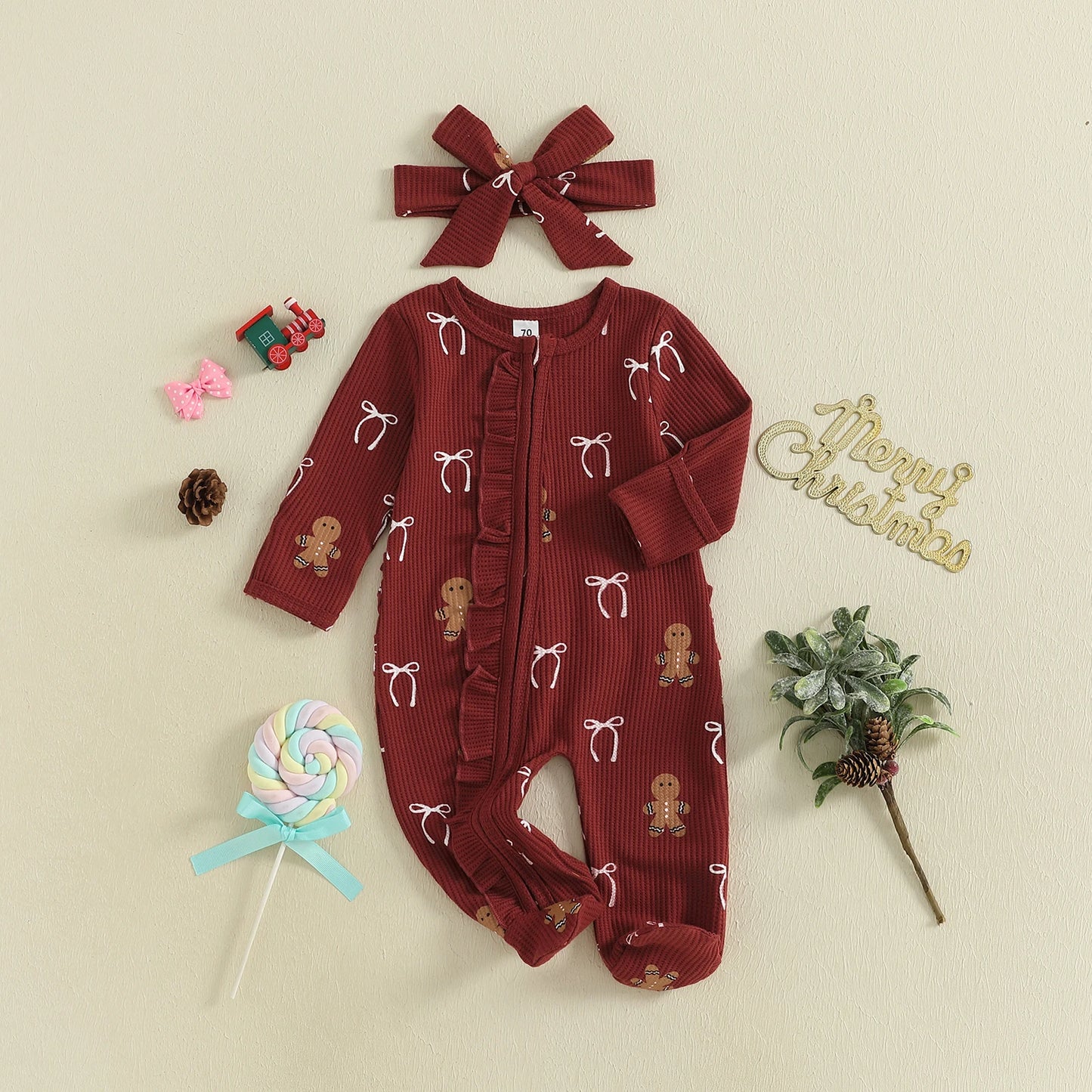 Baby Christmas Romper Set - Candy Cane/Gingerbread Print Oblique Zipper Jumpsuit & Headband