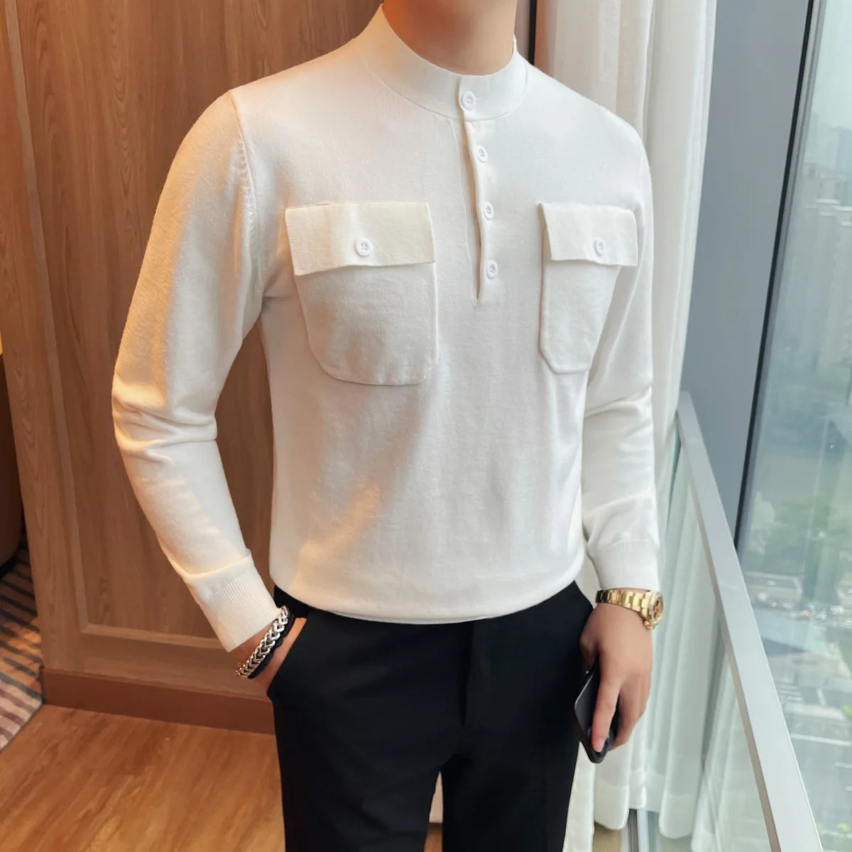 Men's Slim Fit Knitted O-Neck Pullover Sweater Solid Color Warm Korean Style